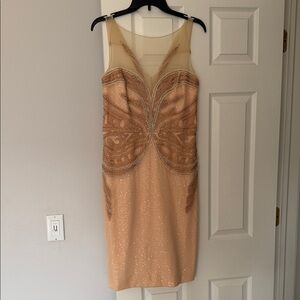 Badgley Mischka Nude Beaded Sheer Yoke Midi Dress